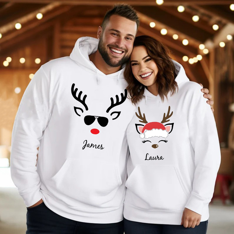 Sudadera con capucha personalizada con diseño de cabeza de reno, bonito regalo de Navidad para parejas.