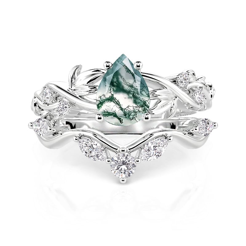 Jeulia Intertwined Leaf Pear Cut Moss Agate Ring Set
