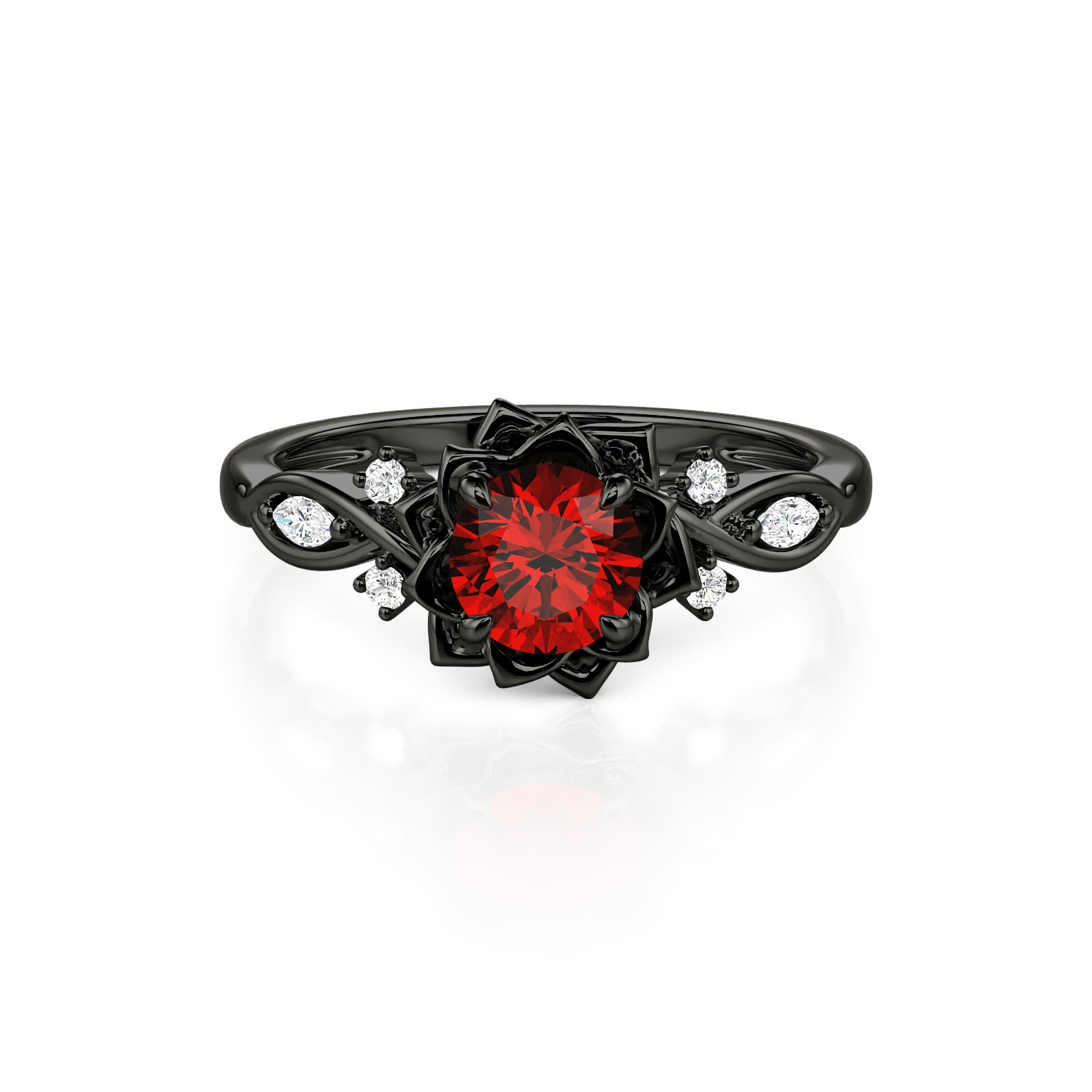Jeulia Twist Gothic Black Lotus Ring with Red Stone
