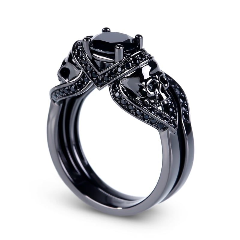 Black Tone Round Cut Skull Engagement Rings for Women Sterling Silver Rings