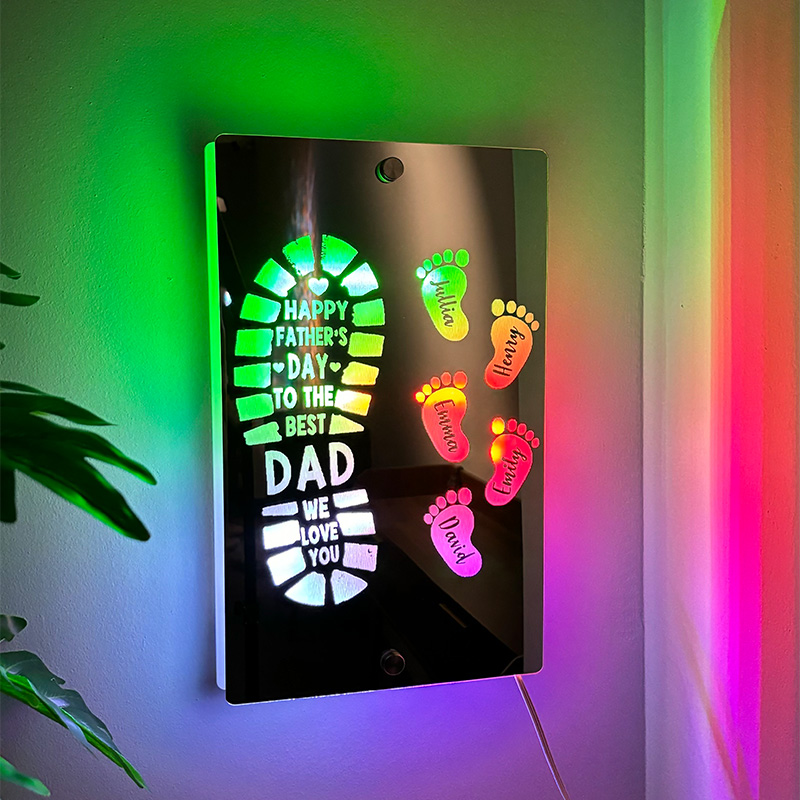 カスタムイズ 足跡 フットプリント 名入れ ミラー 発光 ライト 壁掛け 屋内装飾 12色変化 リモコン付き 壁フック付き 父の日