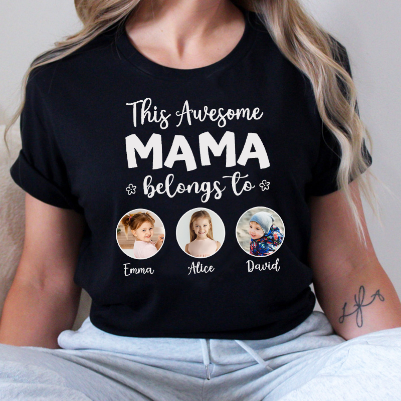 Gepersonaliseerd T-shirt This Awesome Mama Belongs To met persoonlijke foto's Perfect Moederdagcadeau