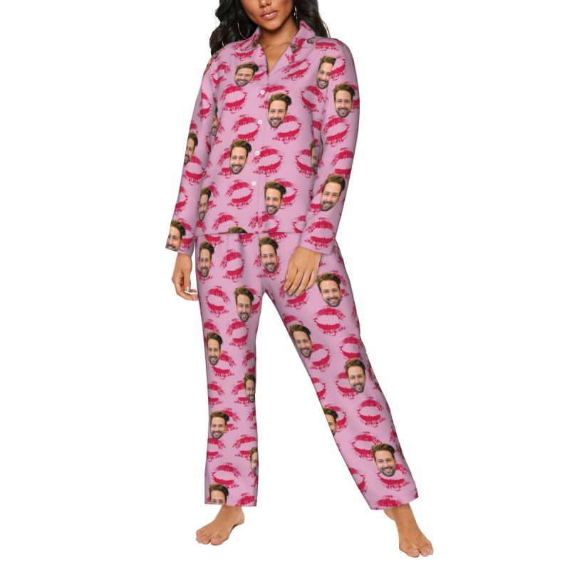 Pijama personalizado con foto de pareja personalizada y diseño de patrón de beso apasionado, regalo perfecto para amantes
