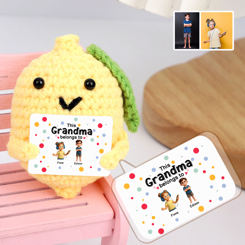 Muñeca de crochet personalizada hecha a mano con tarjeta de imagen personalizada y patrón de puntos coloridos, hermoso regalo para el Día de la Madre