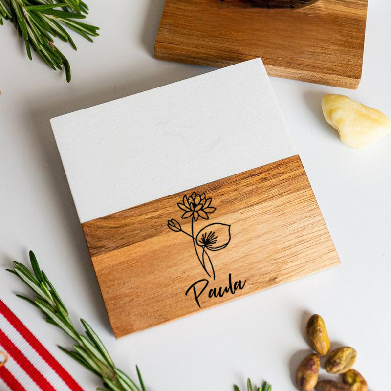 Personalized Square Coaster with Custom Birth Flower Marble Splicing Design Great Gift for Her