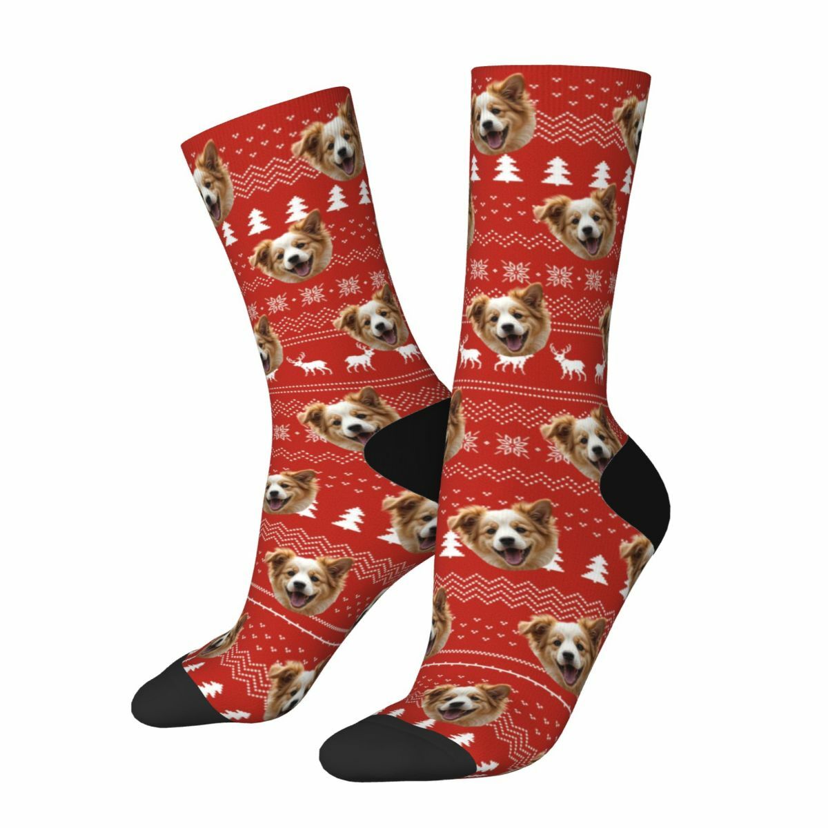 Custom Face Socks Red Knitted Socks with Elk Pattern Christmas Gift for Pet Owners