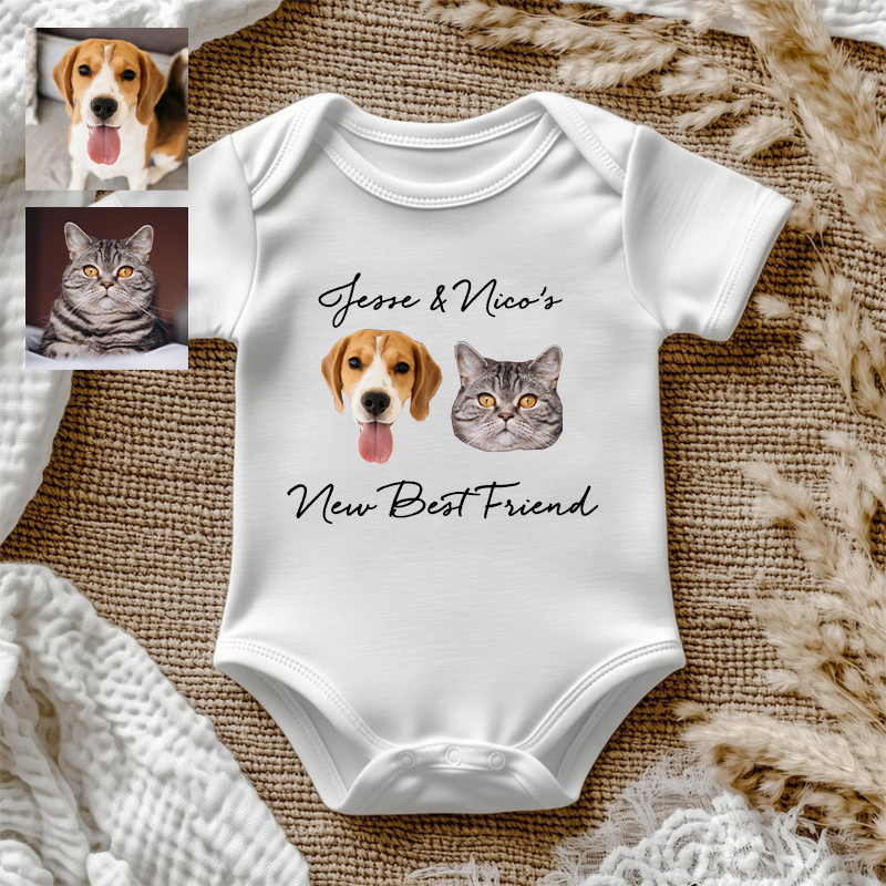 Mono de bebé personalizado con fotos de cabeza de mascota personalizadas, nuevo mejor amigo, regalo atractivo para baby shower para amantes de las mascotas
