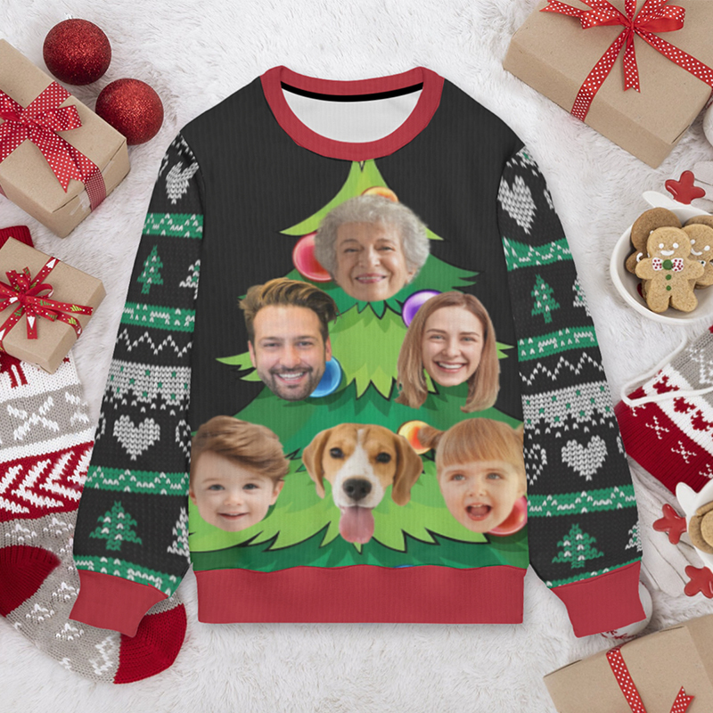 Personalized Ugly Sweater Unisex Custom Face Photo Christmas Tree Creative Design Gift for Family