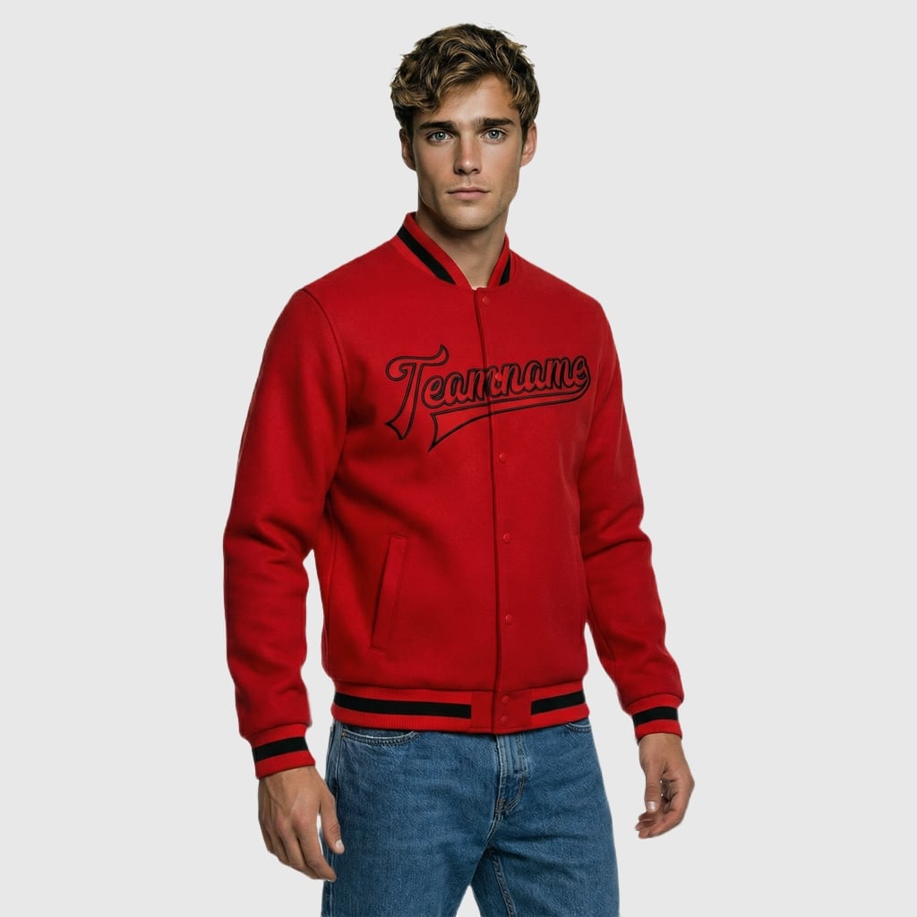 Custom Red Full-Snap Varsity Letterman Jacket Ideal for Everyday Casual Outings
