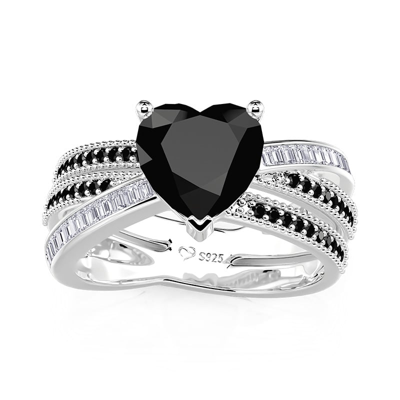 Jeulia Black And White Heart Crossover Ring Sterling Silver