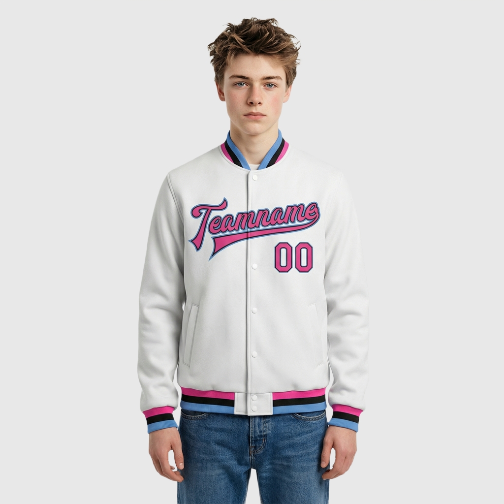 Custom White Full-Snap Varsity Letterman Jacket – Ideal for Campus Daily Wear and Office Smart-Casual Outfits