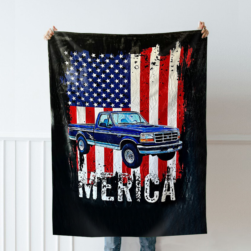 Spersonalizowany koc ze zdjęciem ciężarówki z wzorem flagi Kreatywny prezent dla najlepszego taty