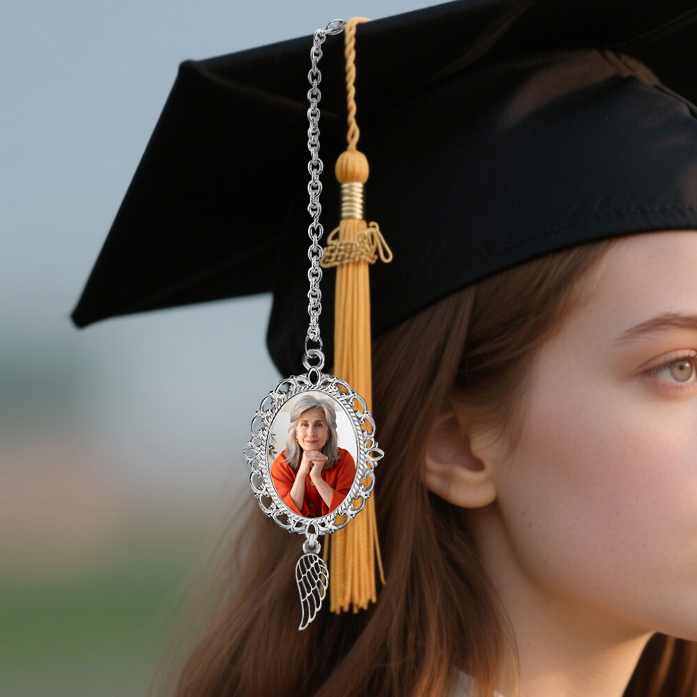 Custom Graduation Tassel Photo Charm with Angel Wing Memorial Graduation Gifts for Her