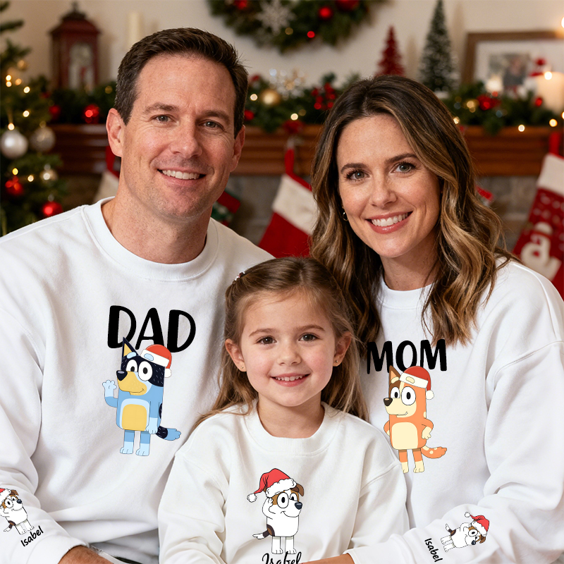 Gepersonaliseerd ouder-kind-sweatshirt Aangepast Bluey-cartoonpatroon Kerstontwerp Perfect cadeau voor het gezin