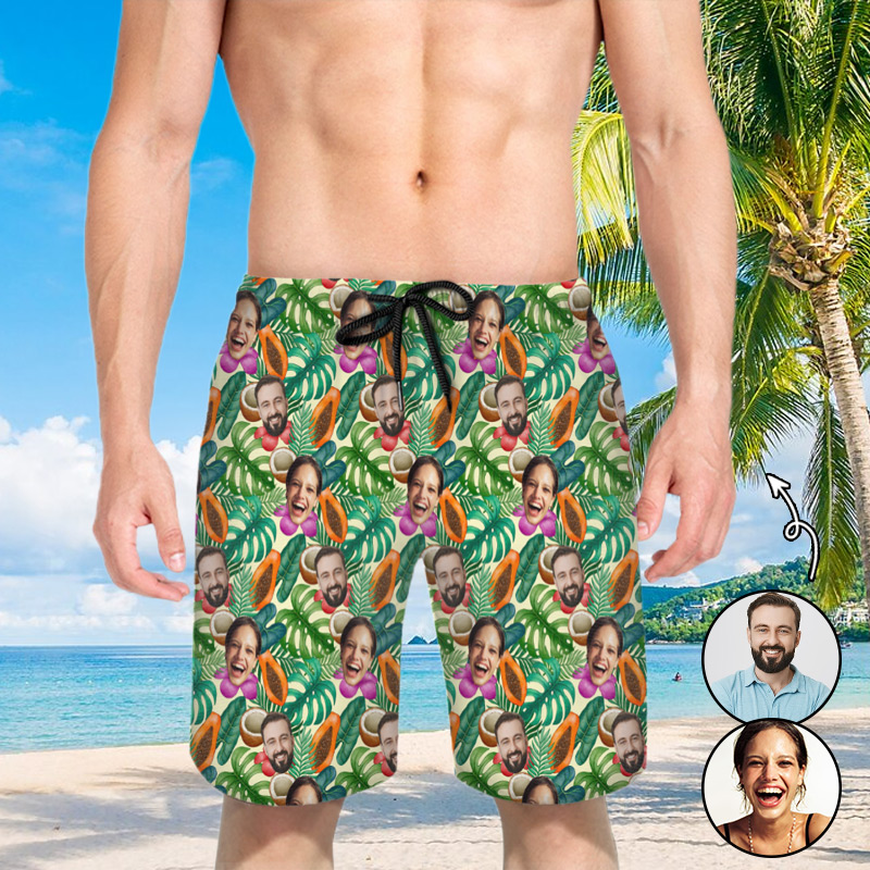 Gepersonaliseerde strandshort voor heren met groen bladpatroon het beste cadeau voor het hele gezin