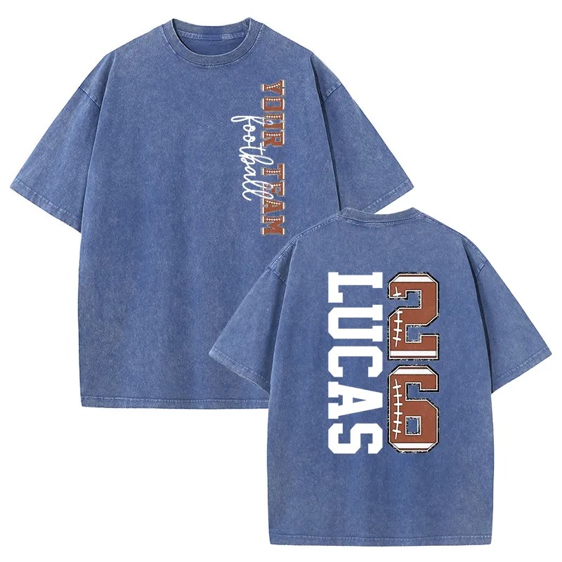 Personalized Washed T-shirt Football Text Design Custom Team Name and Number Gift for Sports Lover