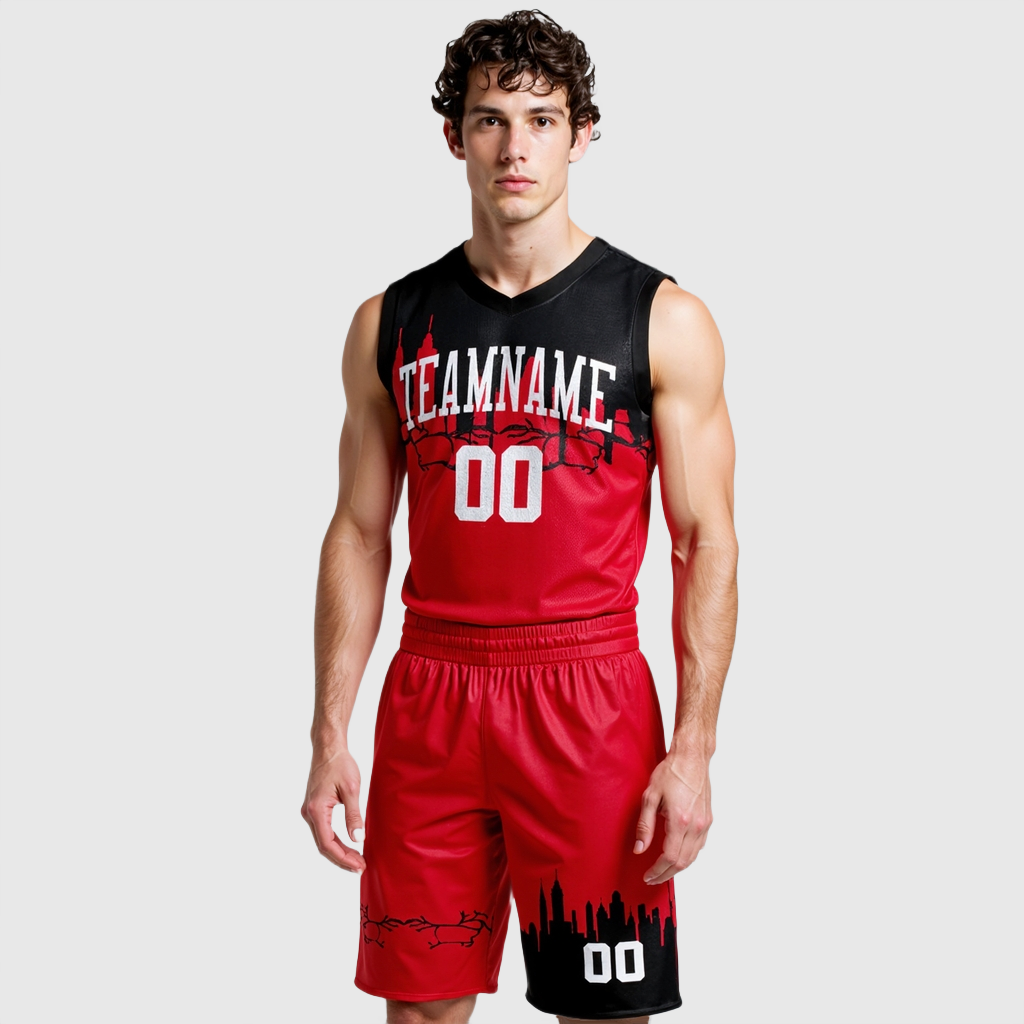 Custom Red White-Black Round Neck Sublimation Basketball Suit Jersey