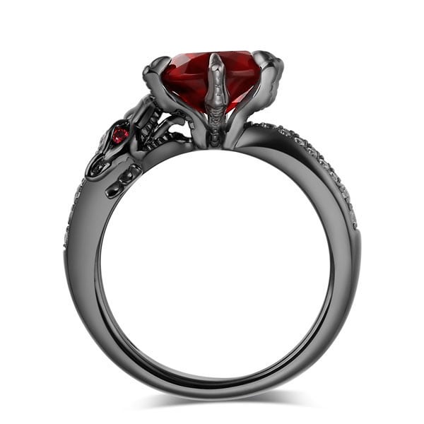 Special Round Cut Black Dragon Ring with Red Stone