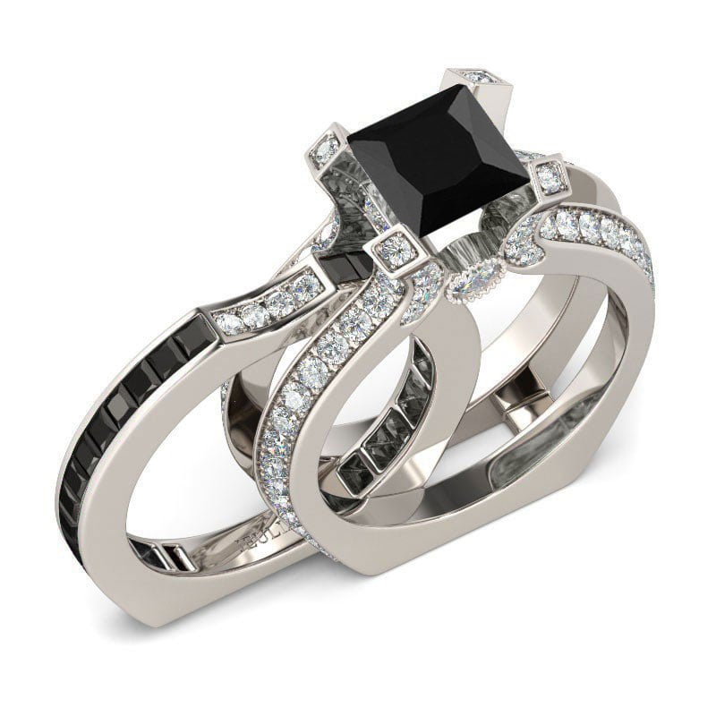 Black Stone Interchangeable Princess Cut Wedding Ring Set Sterling Silver Bridal Set