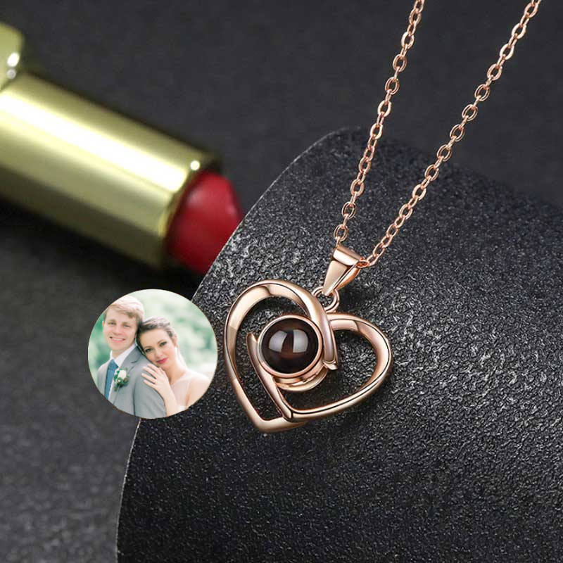 Sterling Silver Personalized Photo Projection Staggered Hearts Necklace Gift