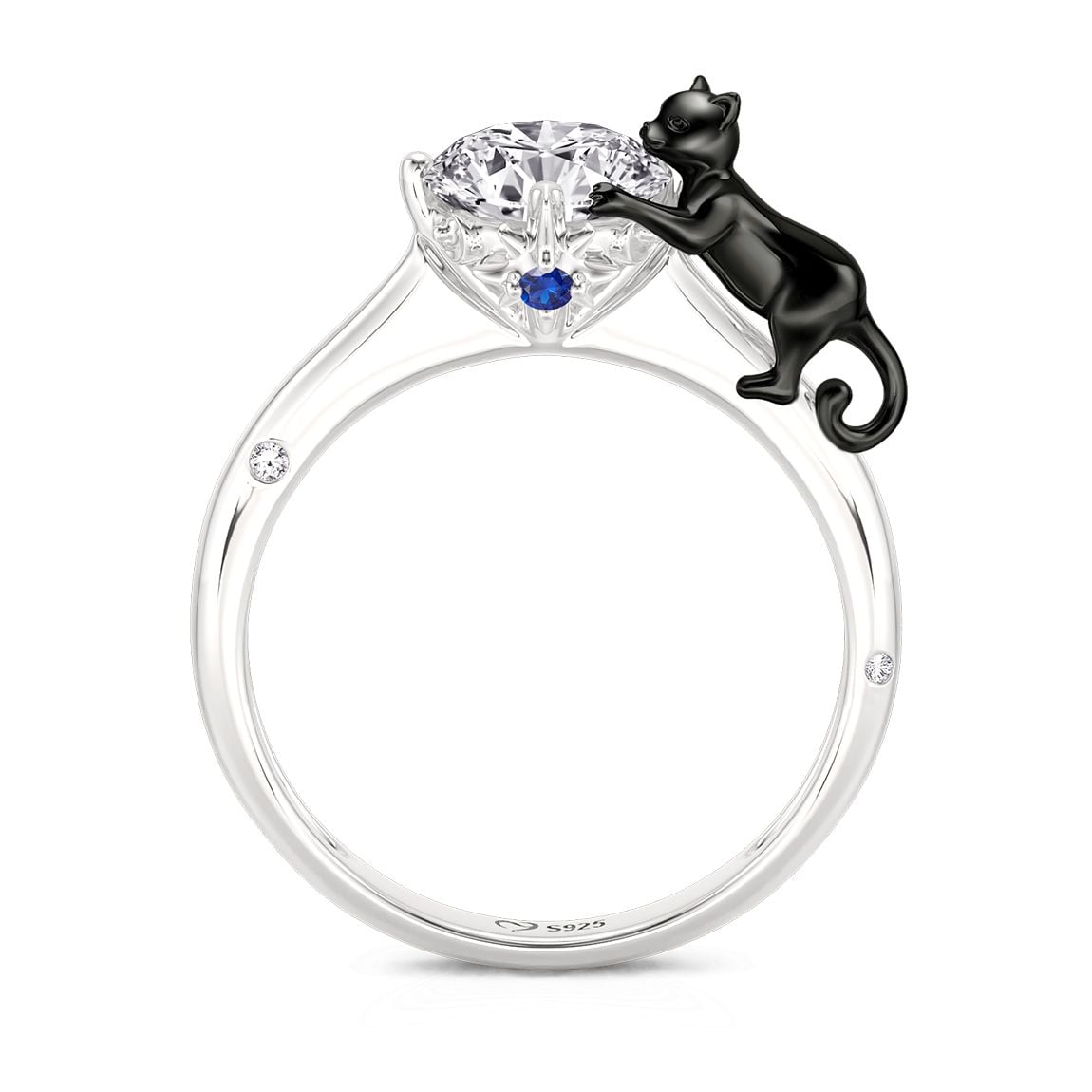 Jeulia Hug Me Sleek Black Cat Ring Sterling Silver