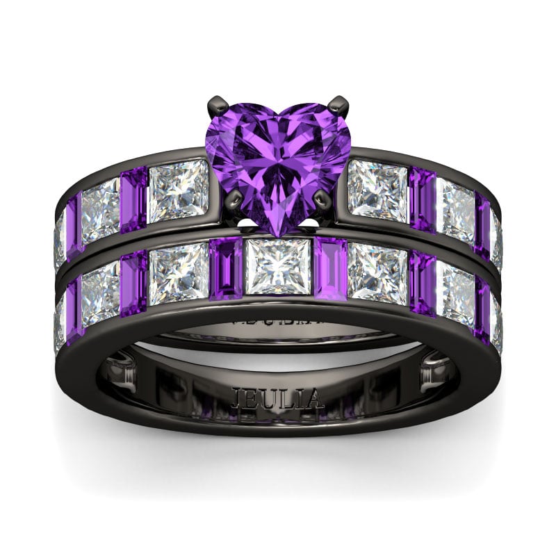 Elegant Amethyst Purple Ring Set Sterling Silver Heart & Emerald Cut