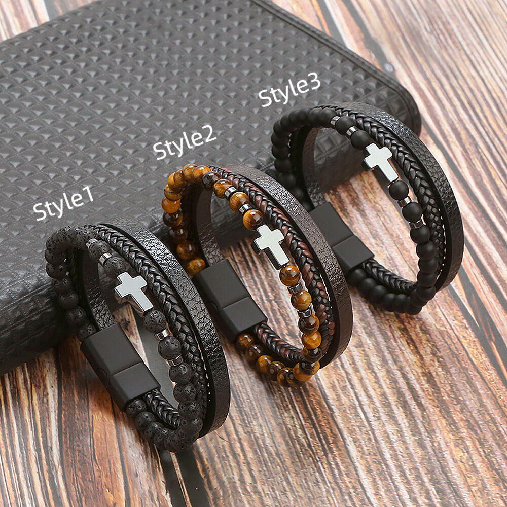 十字架 レザー ビーズ ブレスレット メンズ - Drawelry.jp