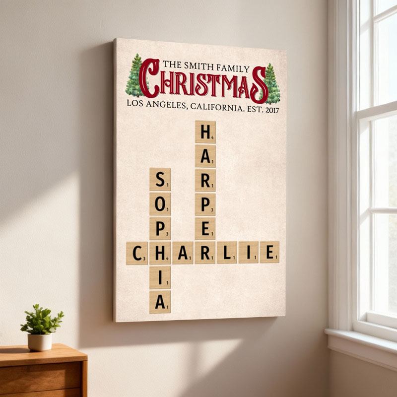 Personalized Name Crossword Canvas Wall Art with Christmas Tree Pattern Creative Gift for Family