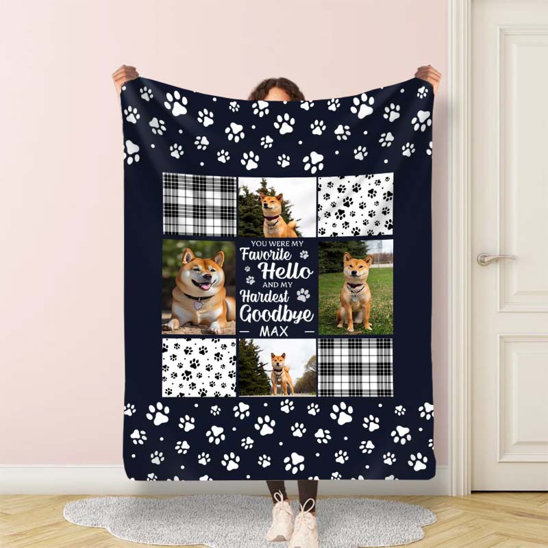 犬 猫 ペット 足形 写真プリント チェク柄 オーダーメイド ブランケット