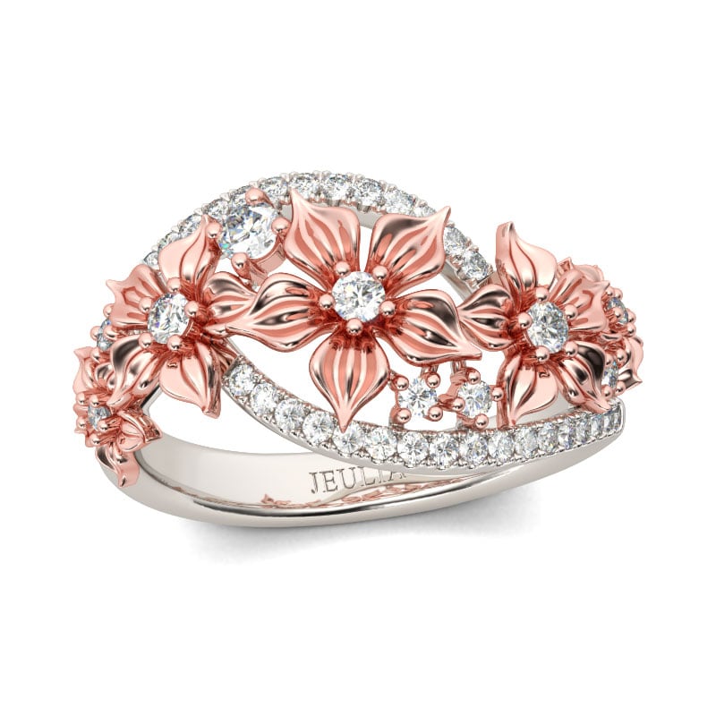 Two Tone Floral Wedding Band for Women in Rose Gold and Sterling Silver