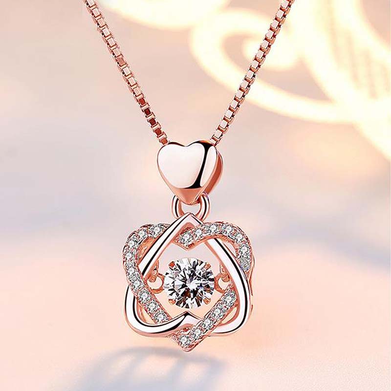 Heart Shape Crystal Diamond Pendant Necklace With Rose Flower Jewelry Box