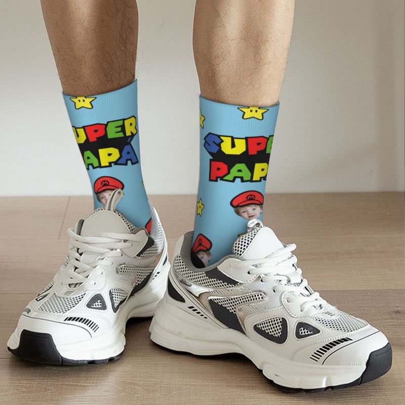 "SUPER PAPA" Funny Face Socks Can Be Added with Baby Photos