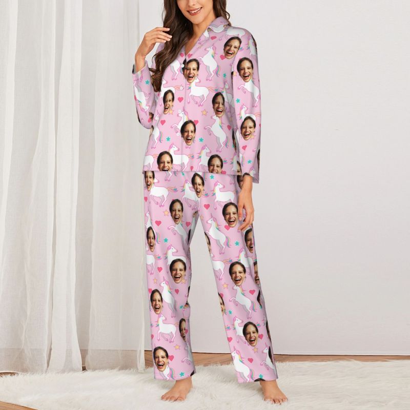 Personalized Pajamas Custom Photo Rainbow Unicorn Pink Pattern Design Adorable Gift for Her
