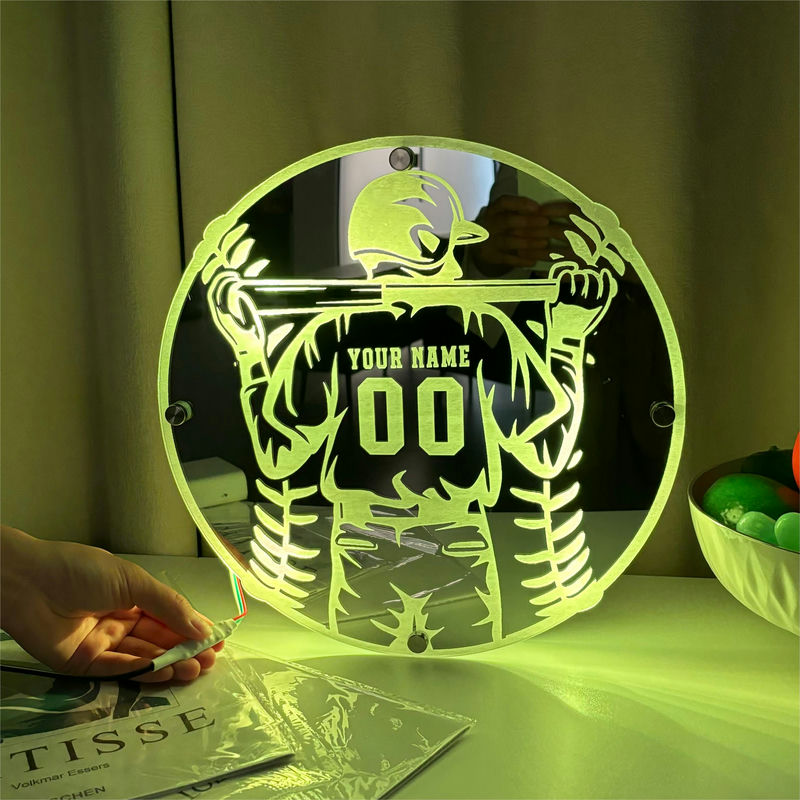 カスタマイズ 名入れ LED ミラー 発光 ライト ユニフォーム 野球 背番号 壁掛け 12色変化 屋内装飾 リモコン付き 壁フック付き
