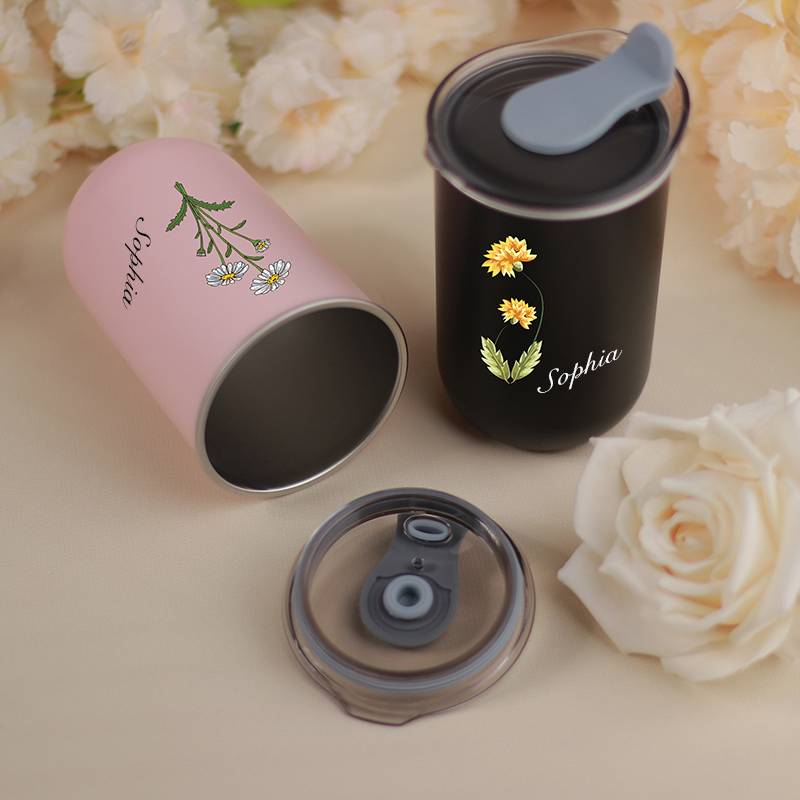 Personalized Name Wine Tumbler With Lid Custom Birthflower Pattern Best Gift for Your Lover