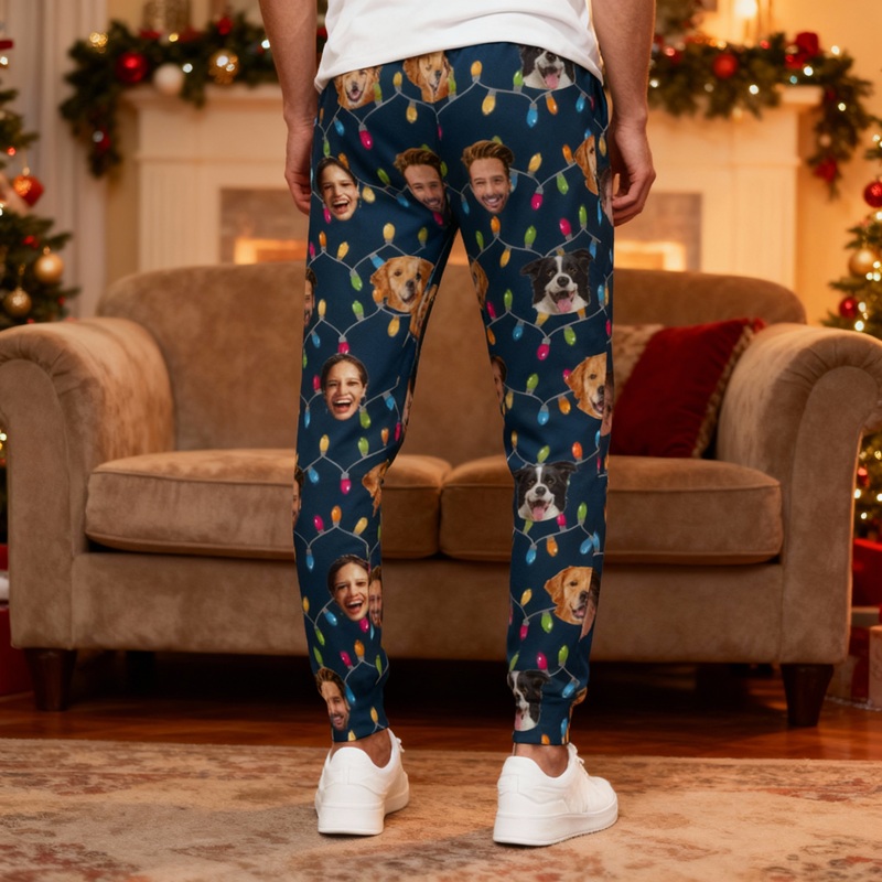 Gepersonaliseerde unisex joggingbroek met foto van hoofd Lichtjesontwerp Kerstcadeau voor familie