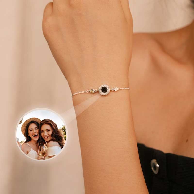 Personalized Projection Photo Bracelet Round Pendant With Diamonds And Birthstone Christmas Gift