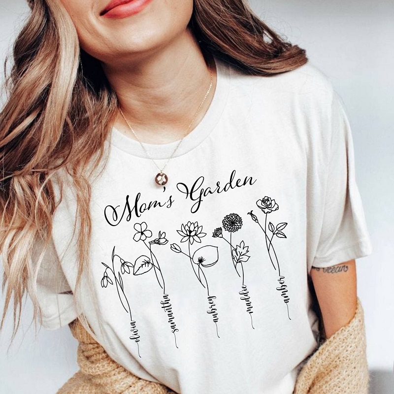 Personalized T-shirt Mom's Garden Beautiful Birth Flower Design with Custom Names Gift for Mother's Day