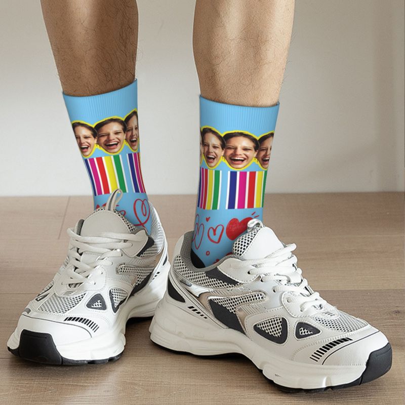 Customized Face Socks with Love Hearts and Rainbow Stripes for Couples