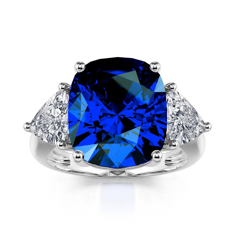 Modern Three Stone Sapphire Cushion Cut Sterling Silver Engagement Ring