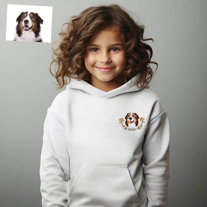 Personalized Kids Embroidered Hoodie Color Photo of Pet's Head with Flower Decor Gift for Children