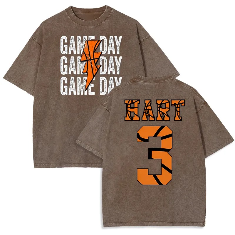 Personalized Washed T-shirt Game Day Custom Basketball Elements Font Design Gift for Sports Lovers