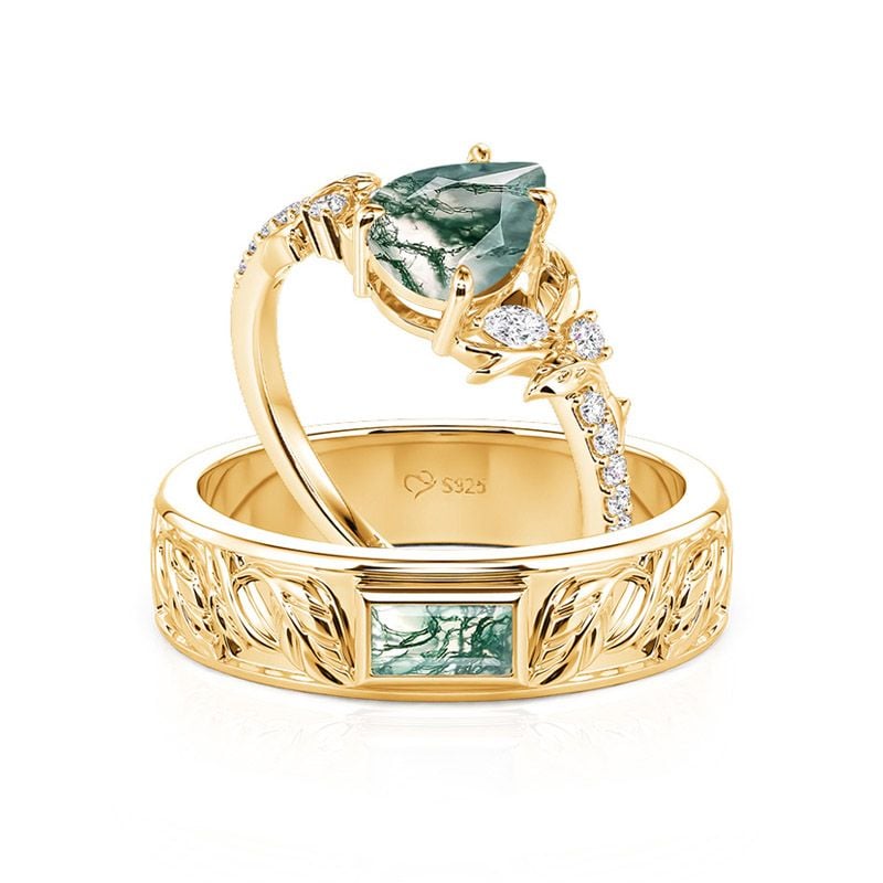Jeulia Nature Inspired Leaf Carved Moss Agate Couple Rings Set