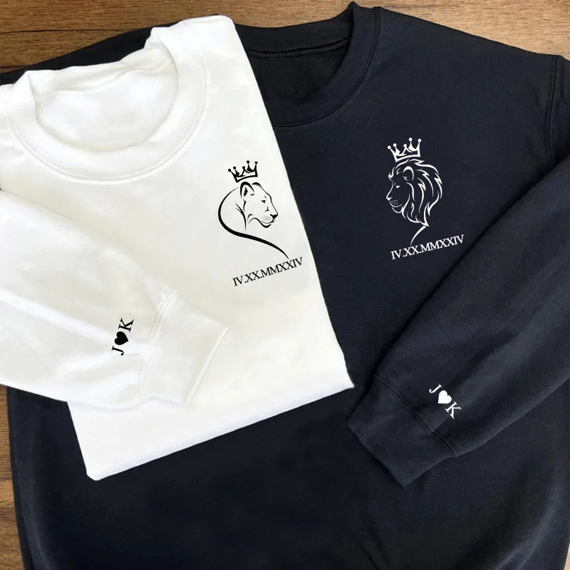 Personalized Sweatshirt Lion King Couple Crown Design with Custom Roman Numeral Date Gift for Lovers