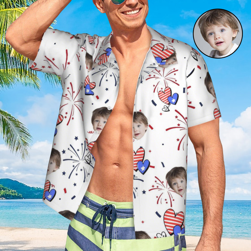 Personalized Hawaiian Shirt with Fireworks and Hearts Father's Day Gift for Dad