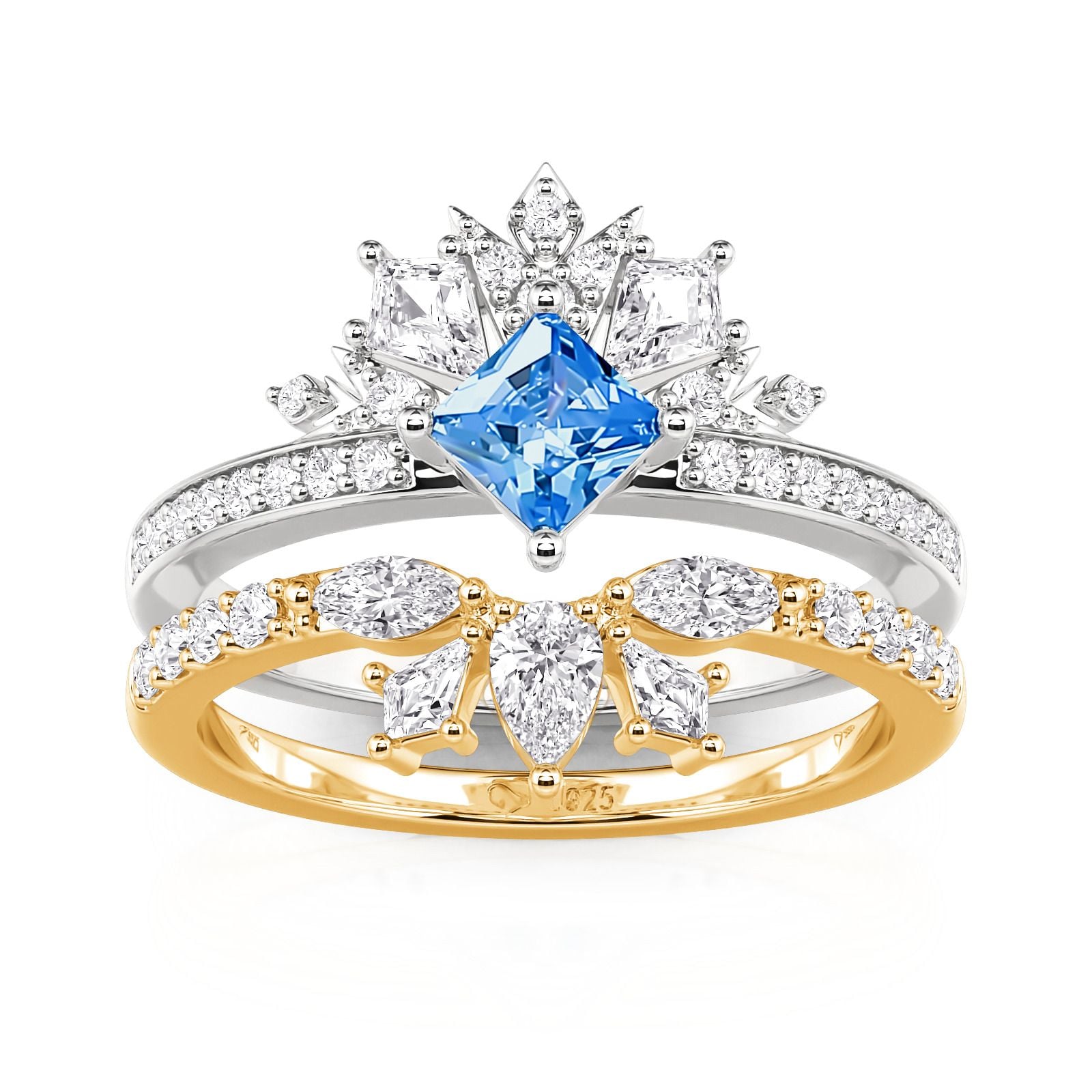 Jeulia Two Tone Princess Cut Crown Ring Set Sterling Silver