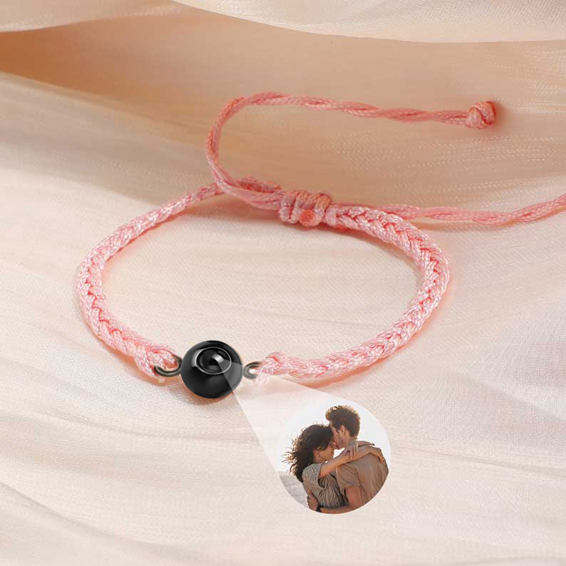 Bracelet Projecteur Photo Cercle Personnalisé pour Femmes et Hommes Argenté avec Corde Rose