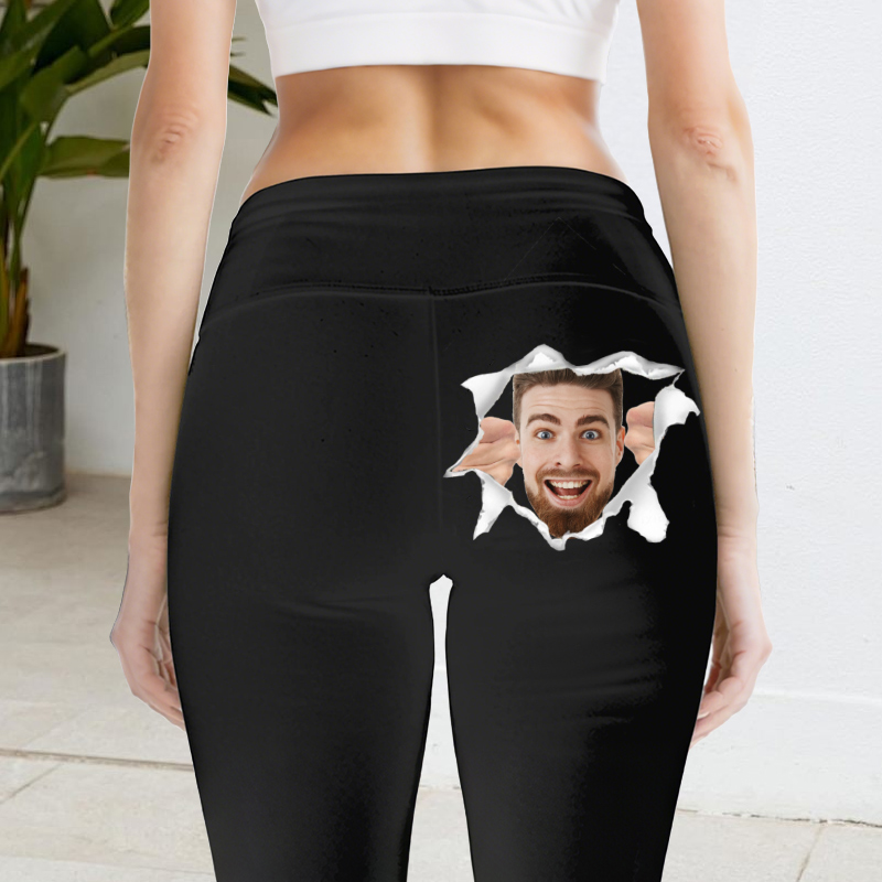 Leggings personalizados con foto de cabeza personalizada, diseño divertido con patrón de grietas, regalo creativo para sus amantes