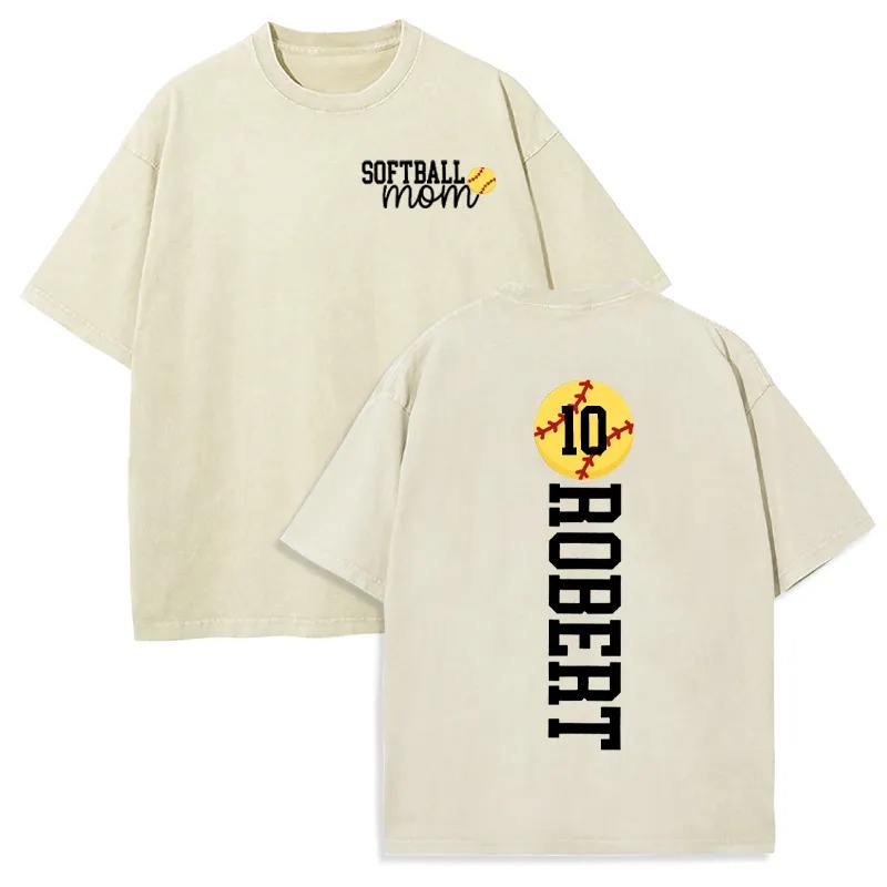 Personalized Washed T-shirt Softball Mom Custom Name and Jersey Number Perfect Gift for Sports Lovers