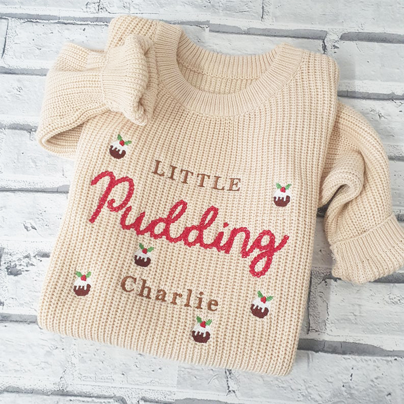Personalized Handmade Name Sweater with Pudding Pattern Unique Gift for Kids